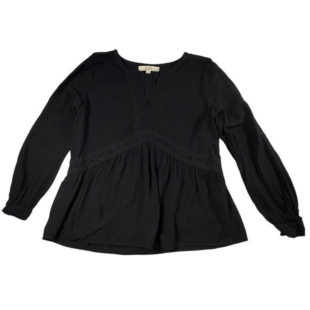 LOFT Black V Neck Peplum Blouse Women's XS Long‎ Sleeve Lace Trim